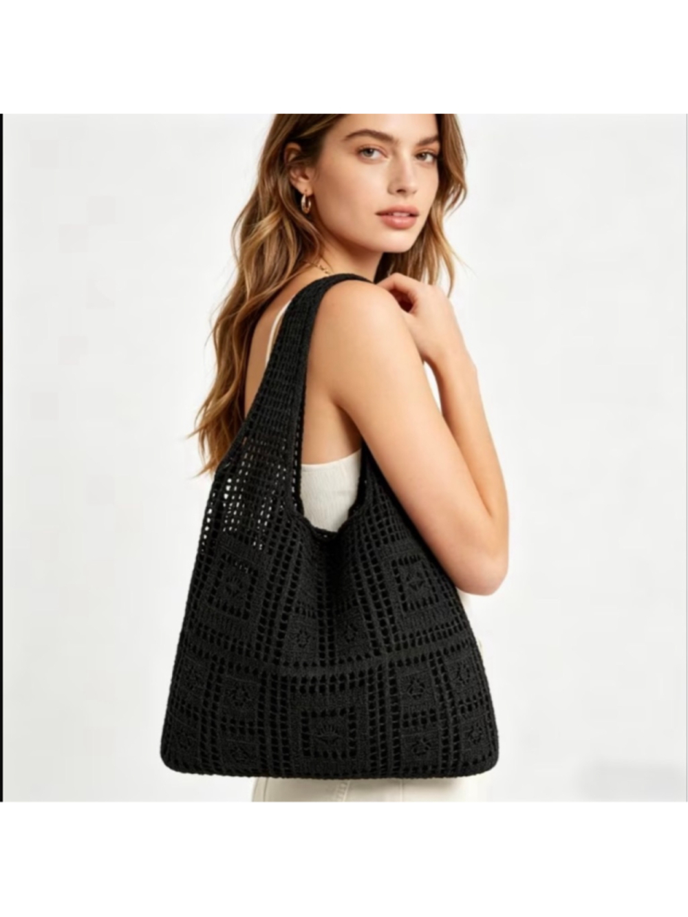 Women's Boutique Black Crochet Knit Tote Bag
